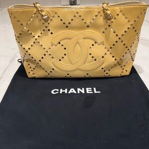 * SOLD *. CHANEL Patent Perforated CC Tote White